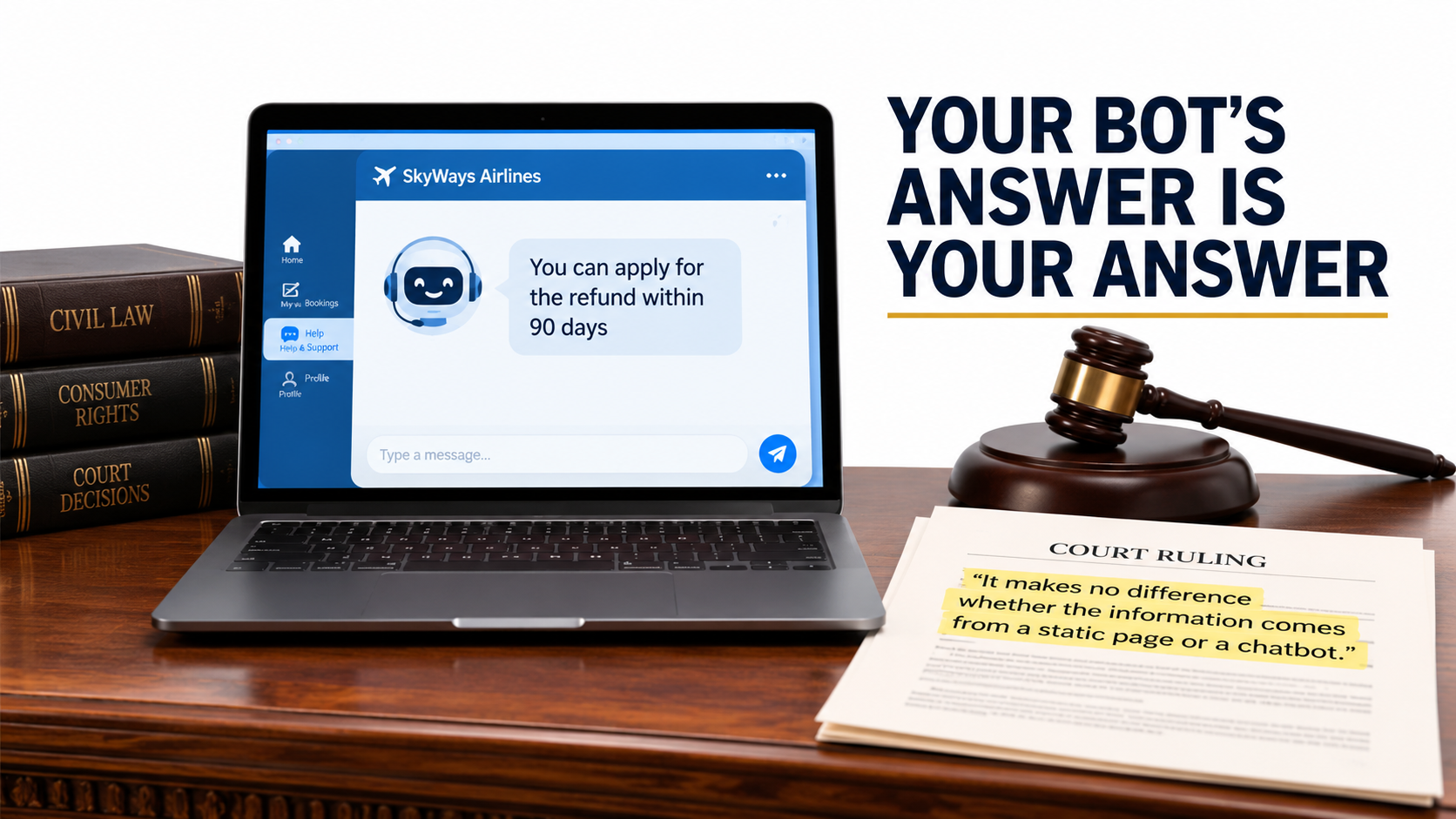 A laptop showing an airline chatbot's refund advice beside a gavel and ruling quoting 'It makes no difference whether the information comes from a static page or a chatbot'