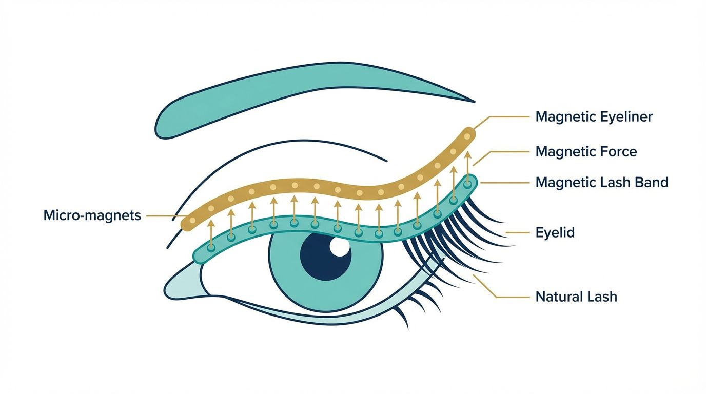 Technical diagram showing magnetic eyelash micro-magnets attaching to magnetic eyeliner on the lash line