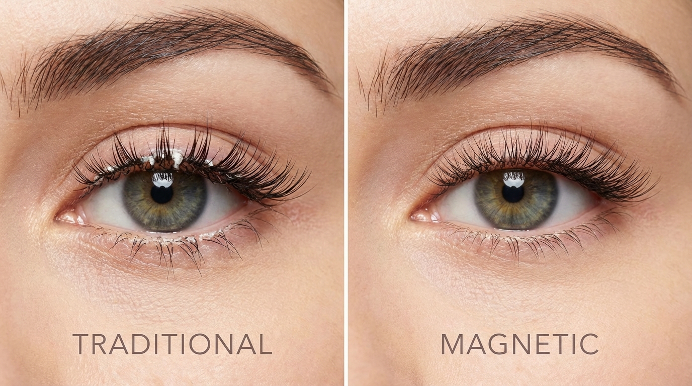 Split comparison of traditional false eyelashes with glue versus clean magnetic eyelash application result