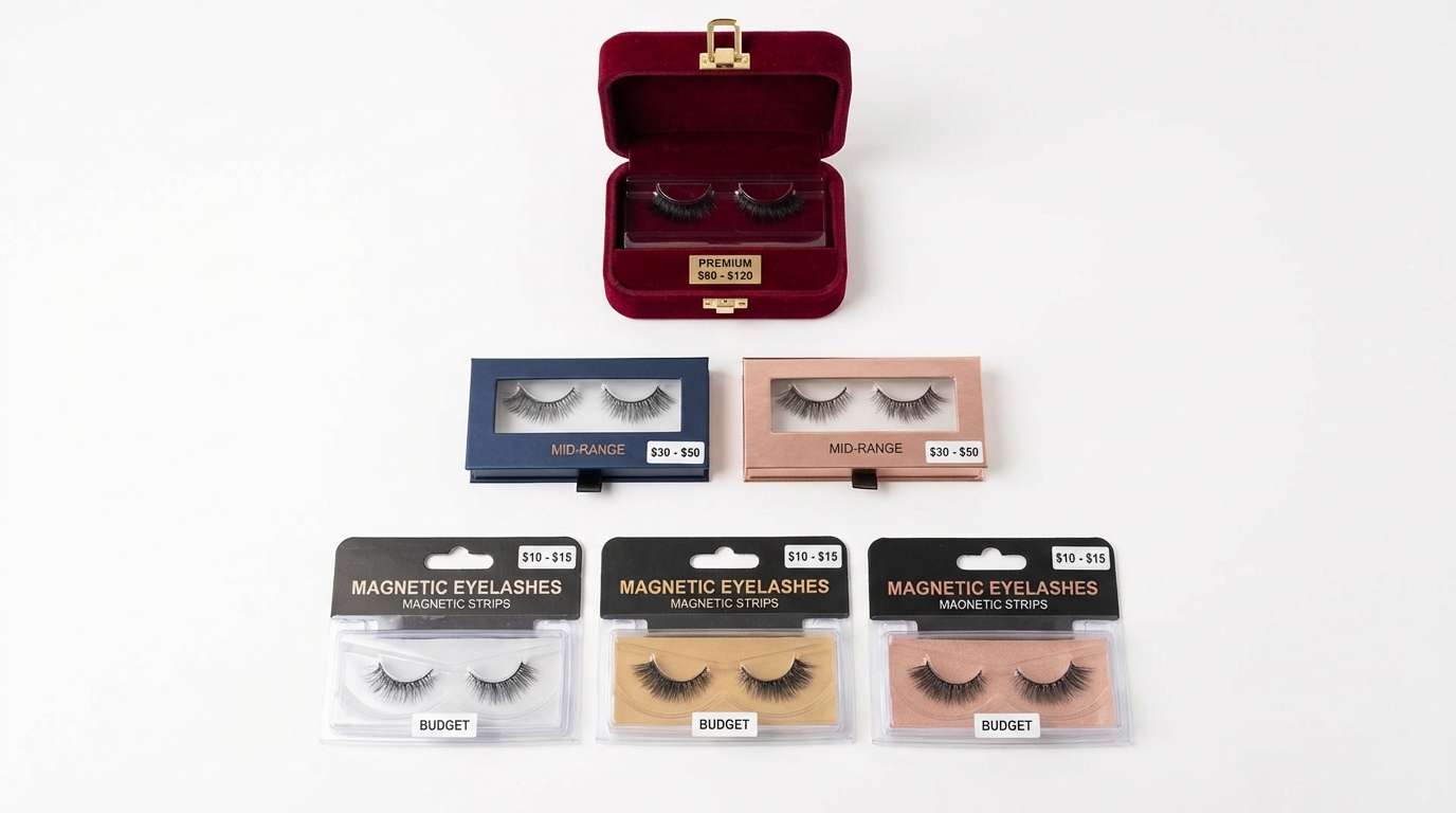 Magnetic eyelash products arranged by price tier from budget to premium, on a clean white studio surface