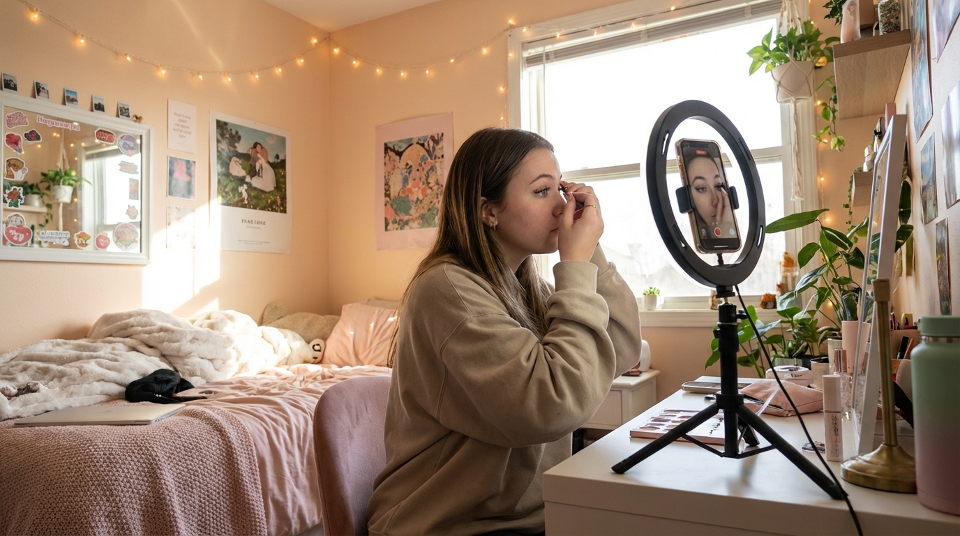Young woman applying magnetic eyelashes in a TikTok-style bedroom setup with ring light and phone on tripod