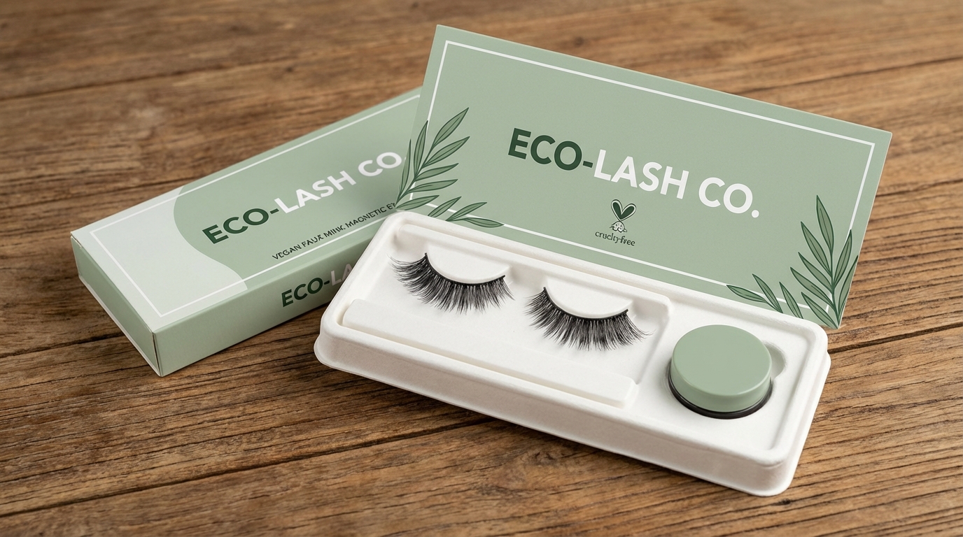 Eco-friendly sustainable magnetic eyelash packaging with compostable sugarcane bagasse tray and vegan faux mink lash strips on a natural wood surface