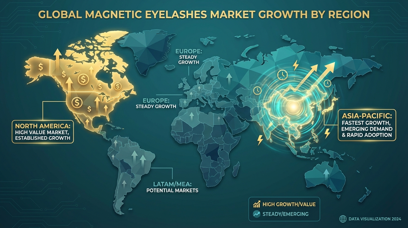 World map infographic showing magnetic eyelashes market growth with North America and Asia-Pacific highlighted as key regions