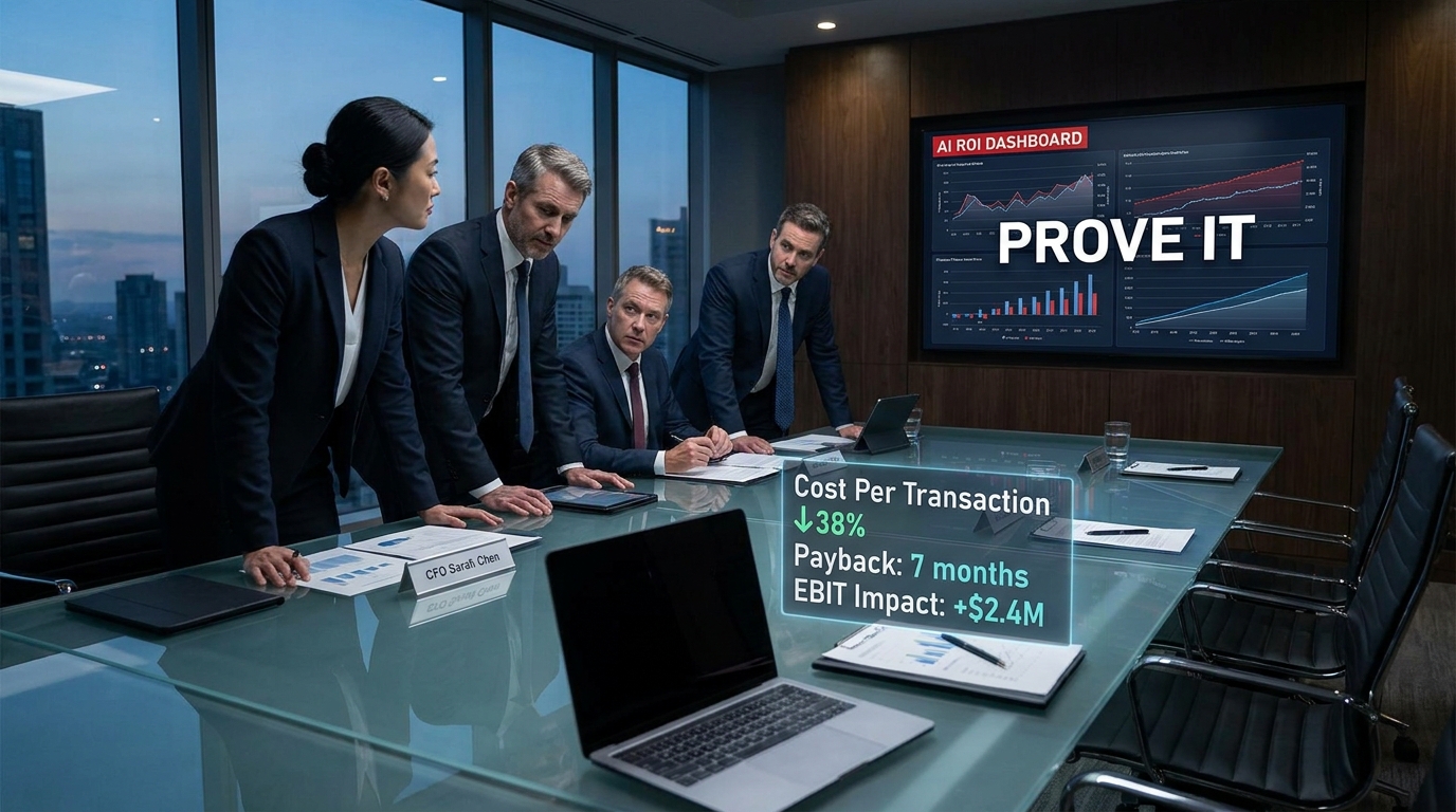 Board of directors scrutinizing an AI ROI dashboard during a high-stakes presentation