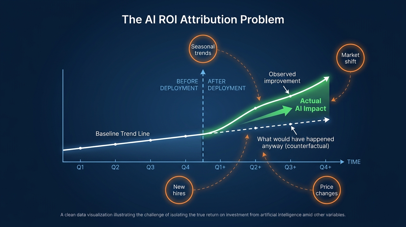 Diagram showing the AI ROI attribution problem with counterfactual baseline and confounding factors