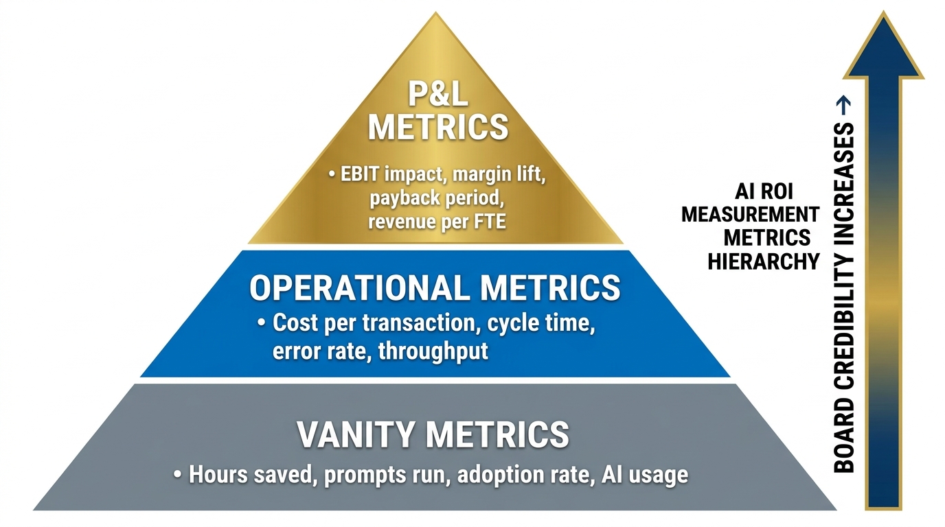 AI ROI metrics hierarchy pyramid showing vanity metrics at the base and P&L metrics at the top