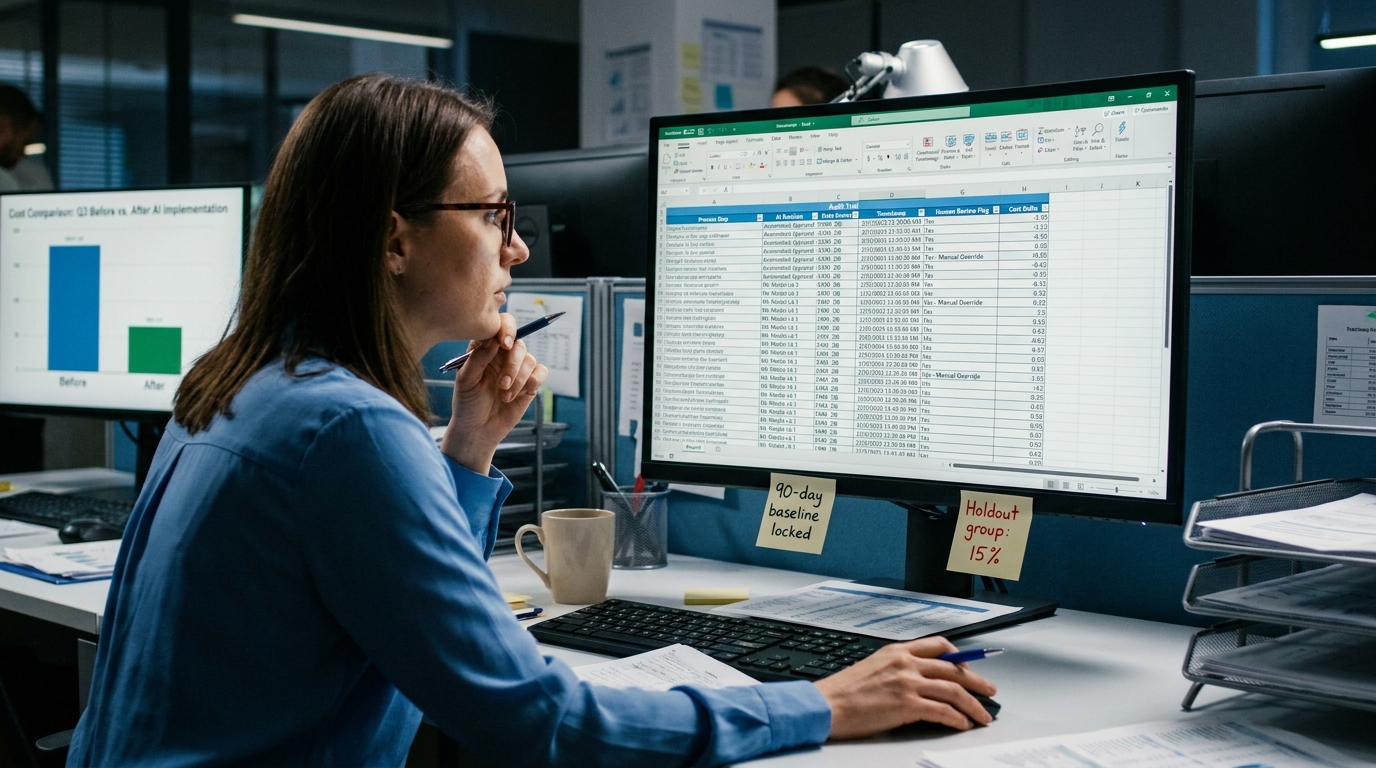 Finance analyst building an AI ROI audit trail with structured documentation and before/after cost charts