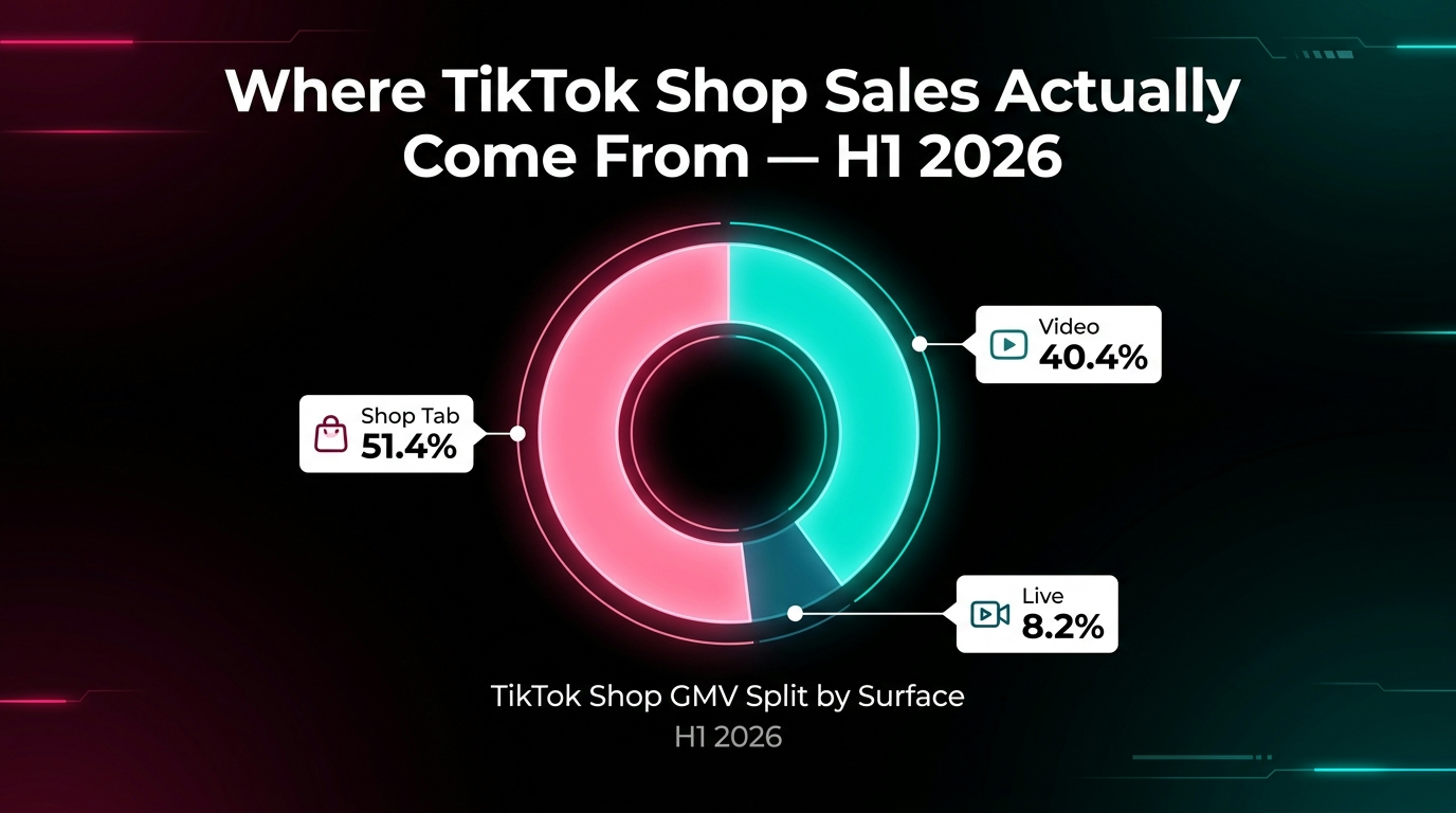 TikTok Shop GMV by surface H1 2026 — Shop Tab 51.4%, Video 40.4%, Live 8.2%