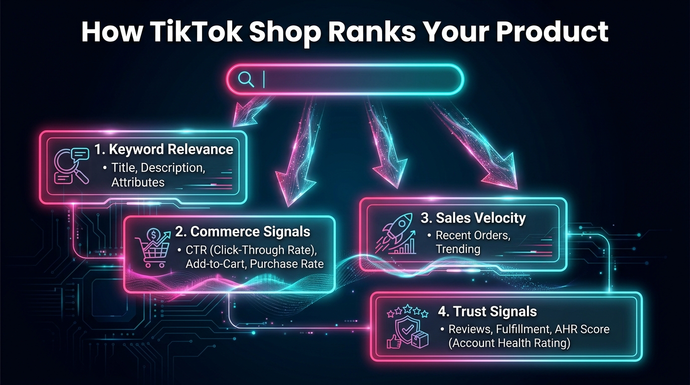 TikTok Shop search algorithm ranking signals diagram — keyword relevance, commerce signals, sales velocity, trust signals