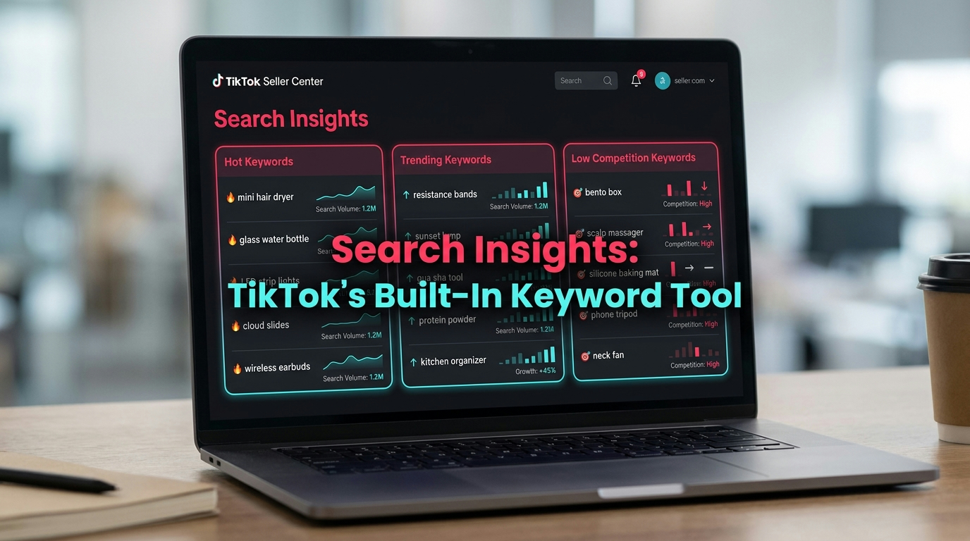 TikTok Seller Center Search Insights dashboard showing hot keywords, trending keywords, and low competition keywords