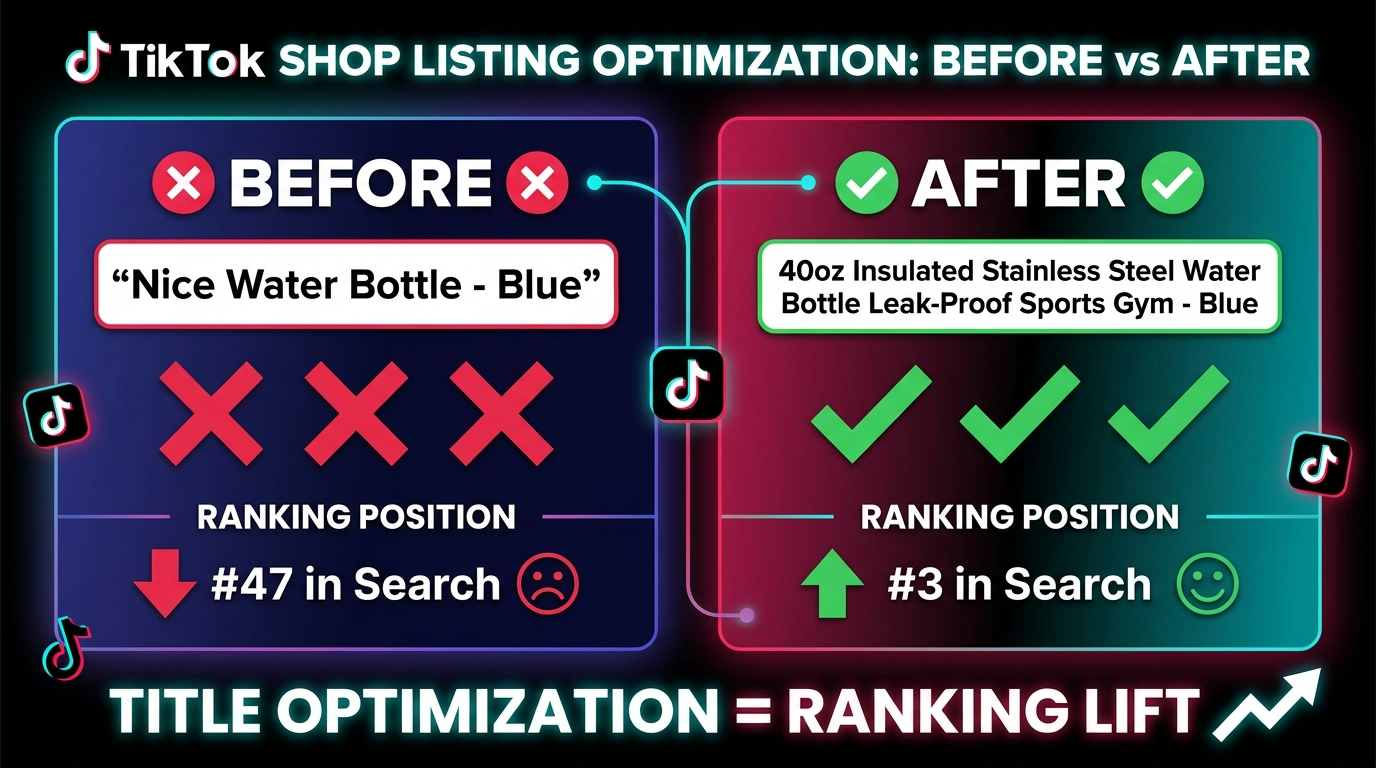 Before and after TikTok Shop product listing optimization showing title improvement and ranking lift from #47 to #3