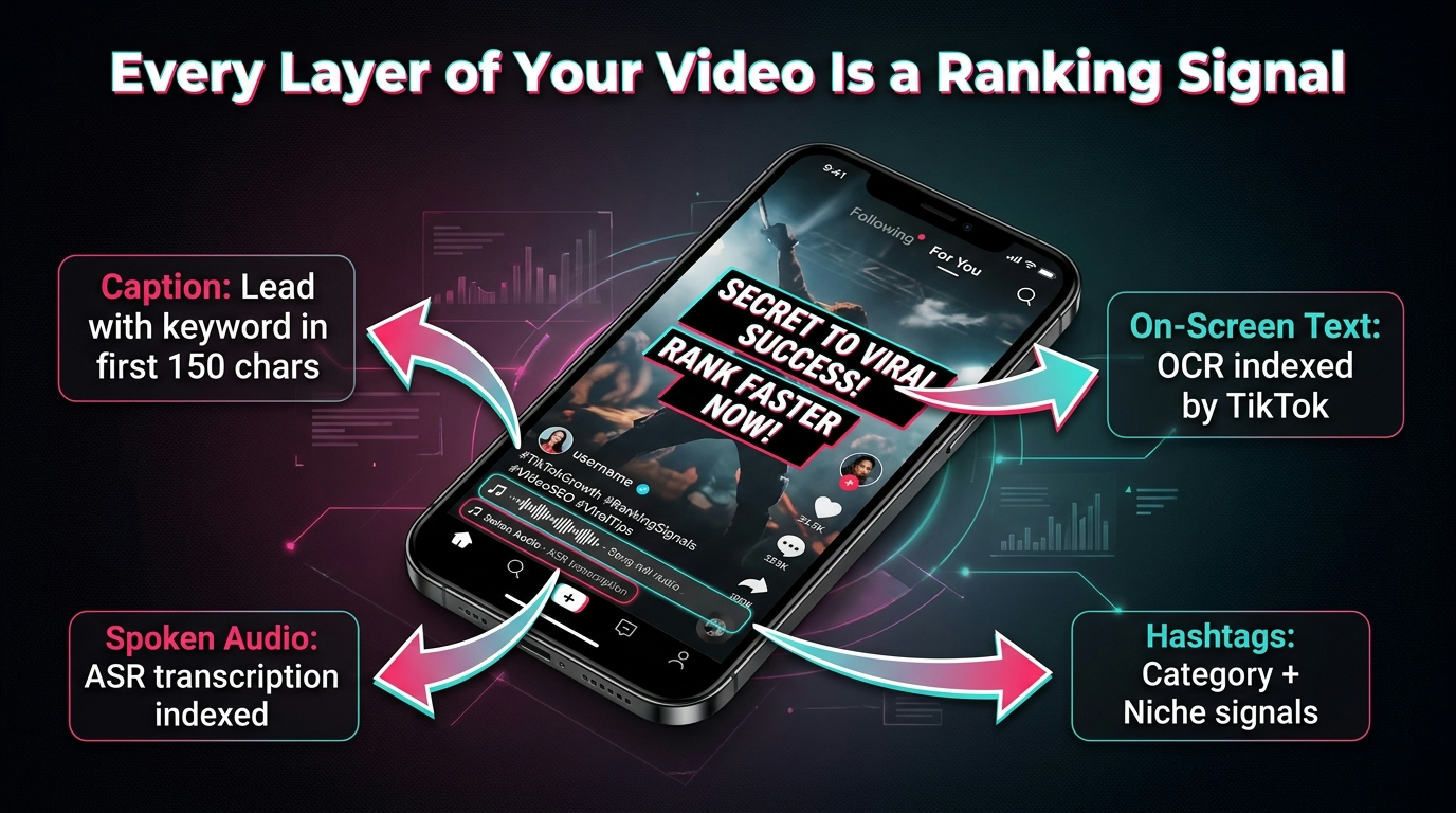 TikTok video content as a multi-layer ranking signal — captions, OCR text, ASR spoken audio, and hashtags all indexed by TikTok