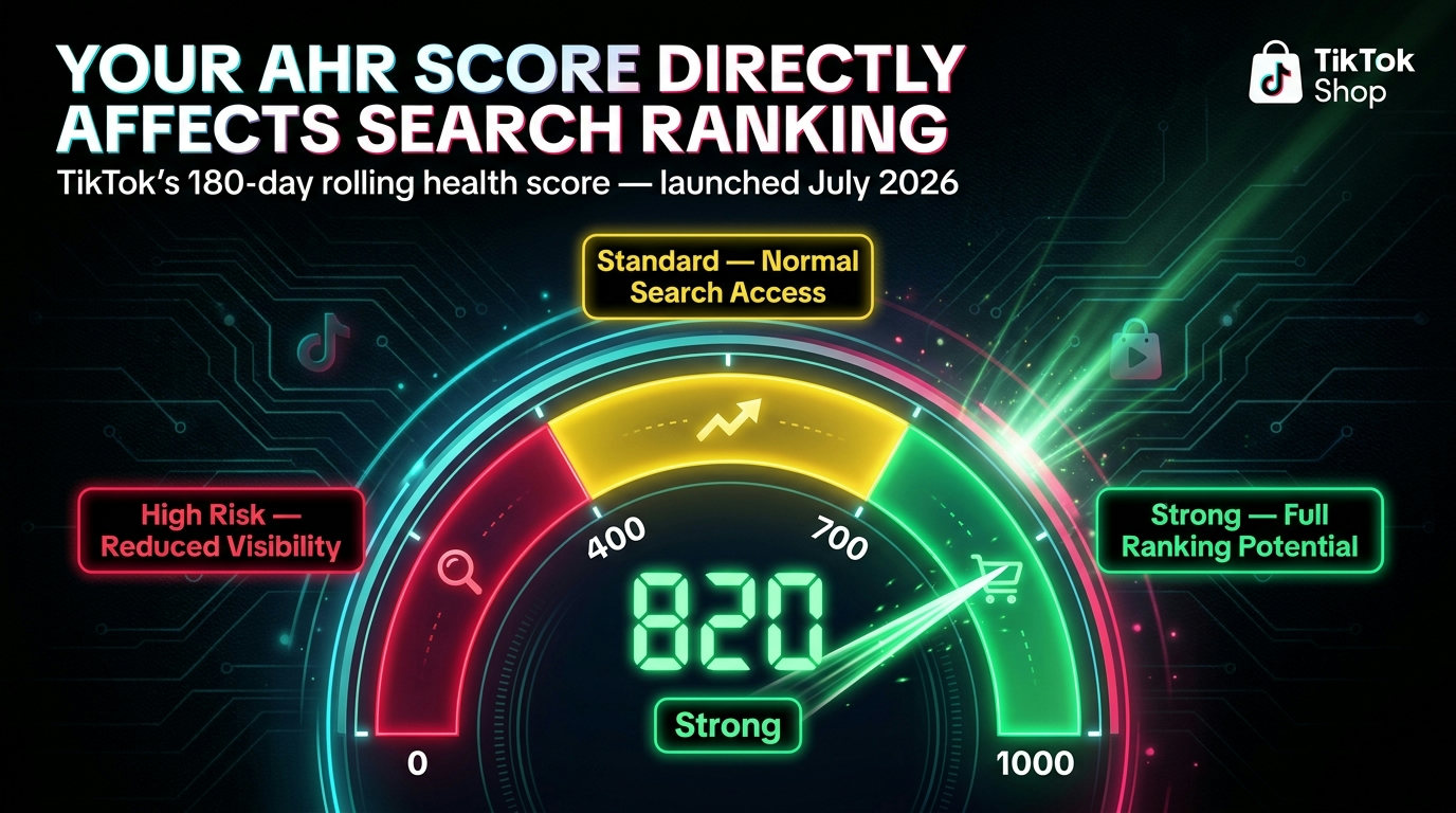 TikTok Shop Account Health Rating gauge from 0 to 1000 showing risk zones and its impact on search ranking