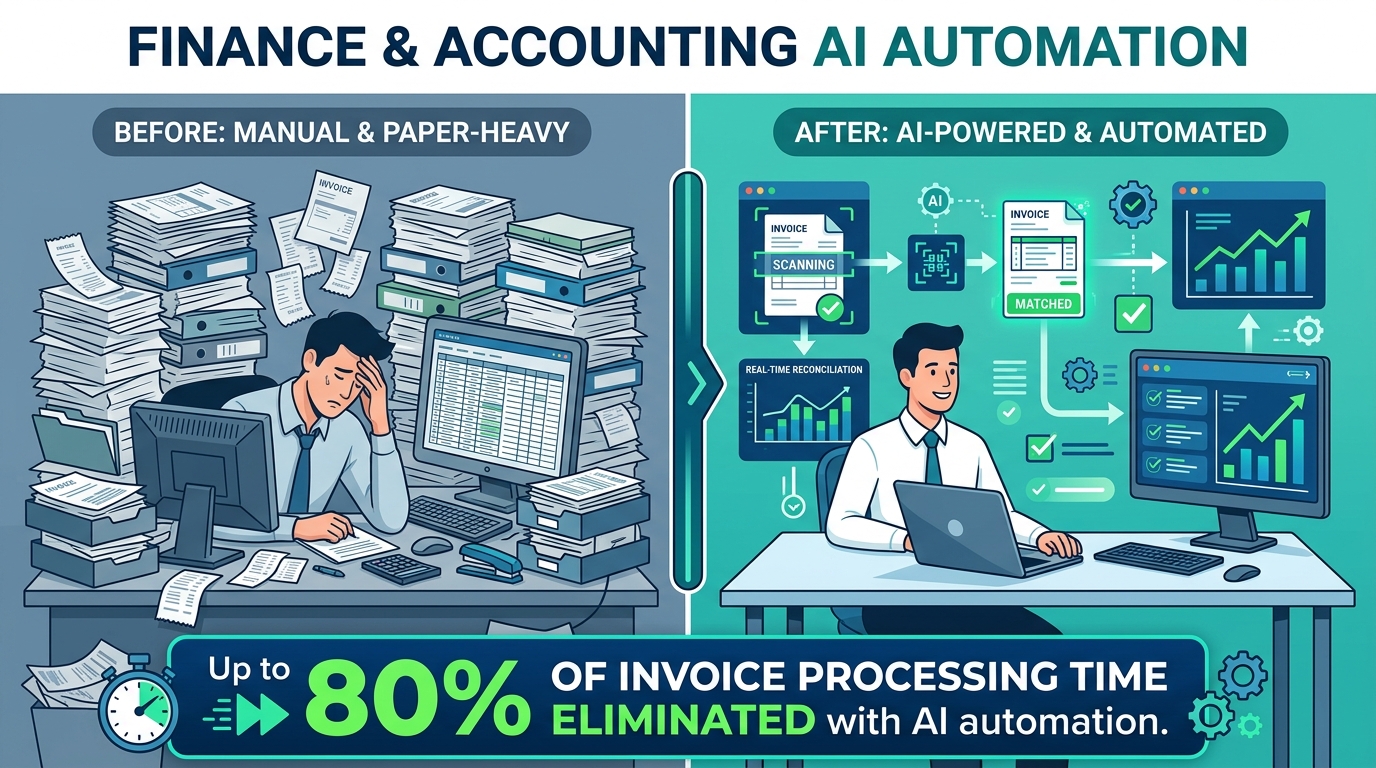 AI automation in Finance and Accounting — split panel showing paper-based vs AI-powered invoice processing with 80% time savings