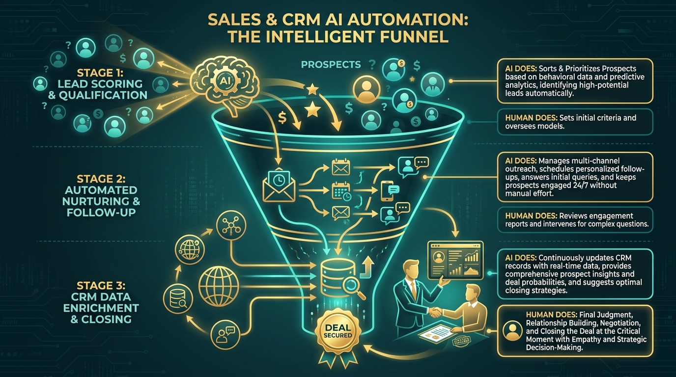 Sales funnel with AI automation at each stage — lead scoring, follow-up sequences, CRM enrichment, with human rep closing at the bottom