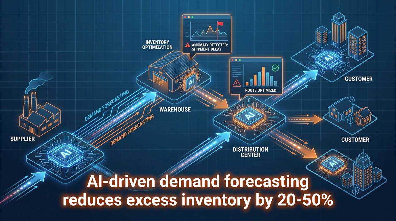 AI supply chain automation — top-down map showing supplier to customer flow with AI demand forecasting and inventory optimization nodes
