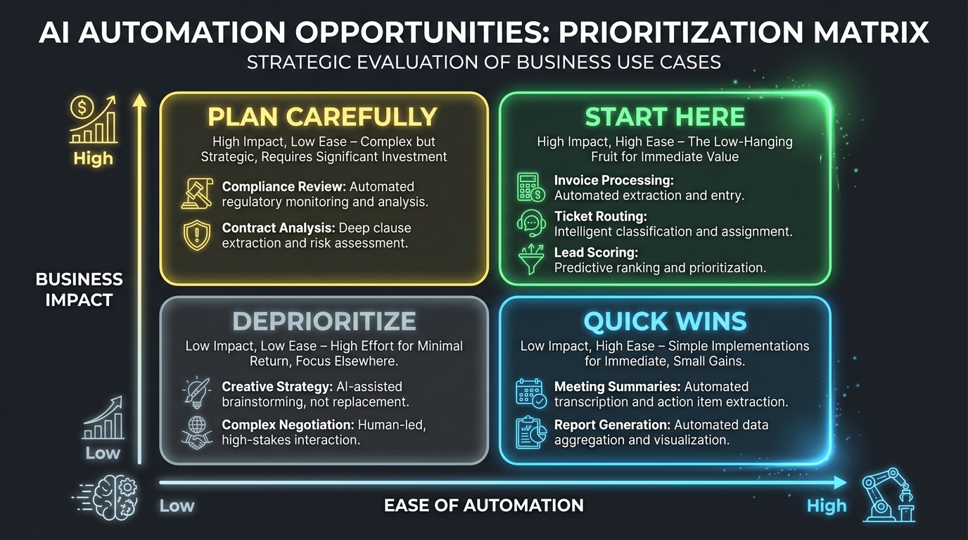 AI automation prioritization matrix — 2x2 grid showing Start Here, Plan Carefully, Quick Wins, and Deprioritize quadrants with department examples
