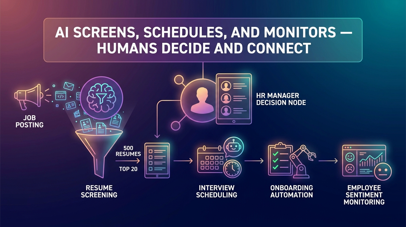 HR talent pipeline automation — AI screening resumes, scheduling interviews, and monitoring onboarding with human HR manager at decision point