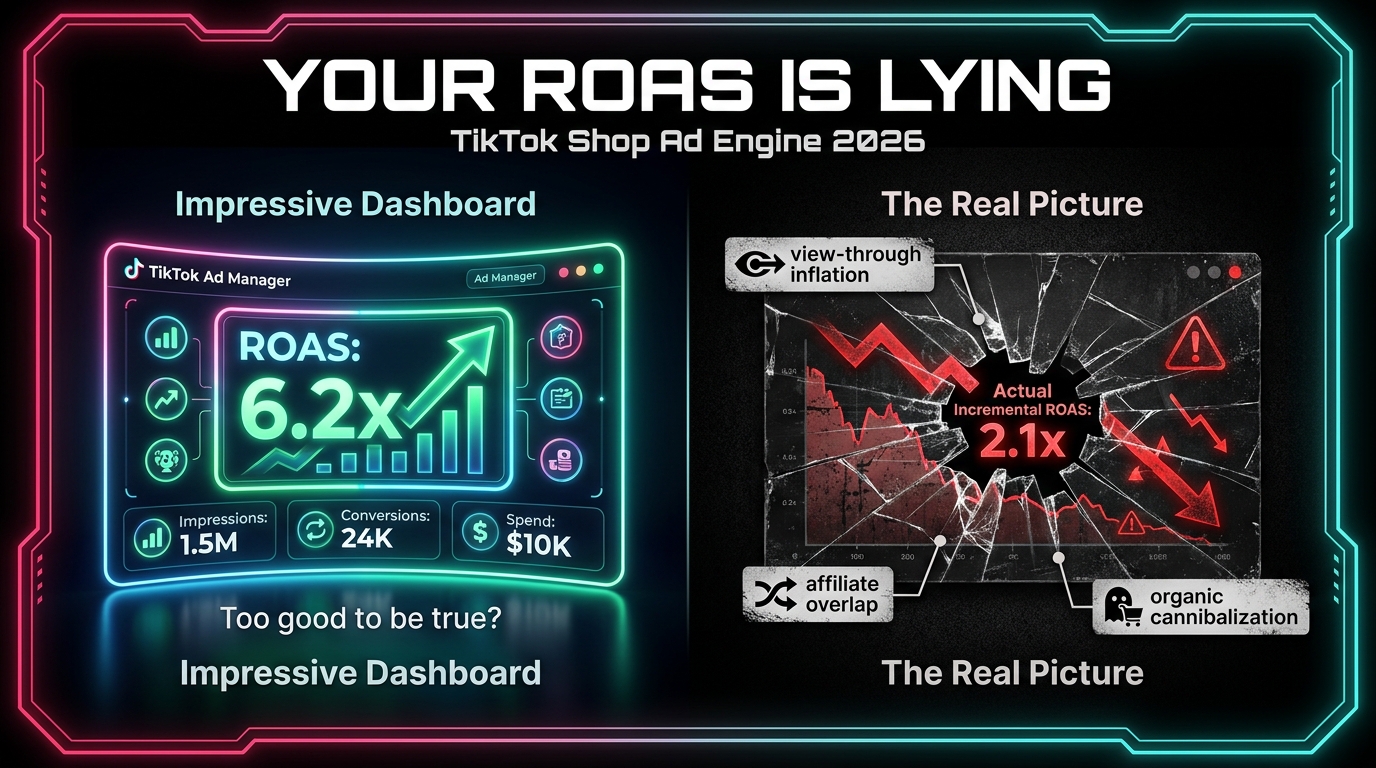 Split-screen showing TikTok Shop ROAS dashboard reporting 6.2x vs actual incremental ROAS of 2.1x — headline reads YOUR ROAS IS LYING