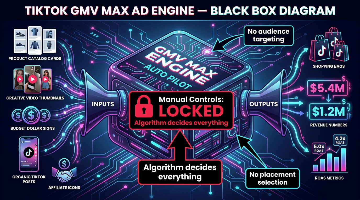 Diagram of TikTok GMV Max engine as a black box with manual controls locked — showing inputs of catalog, creative, budget and outputs of ROAS metrics