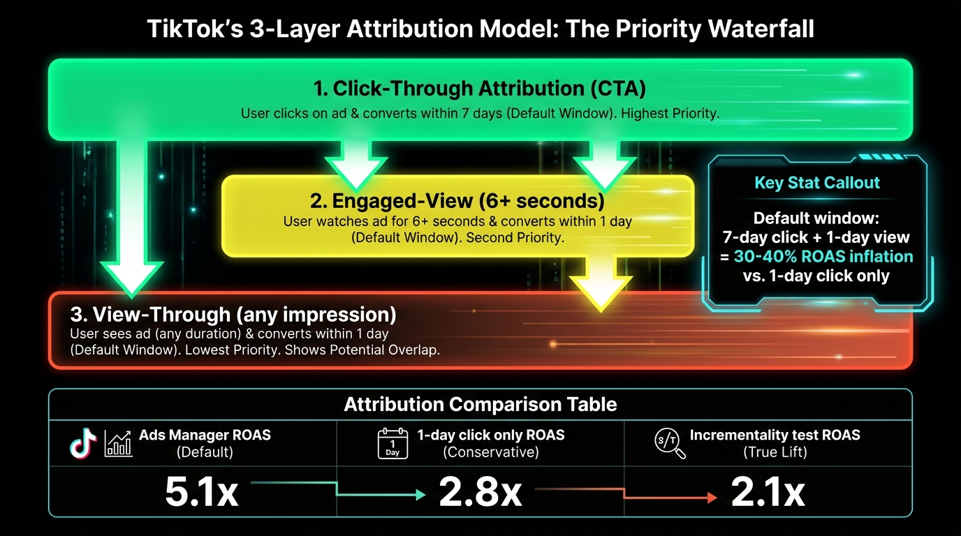 Infographic of TikTok's three-layer attribution model showing click-through, engaged-view and view-through windows with ROAS comparison: Ads Manager 5.1x vs 1-day click 2.8x vs incrementality 2.1x
