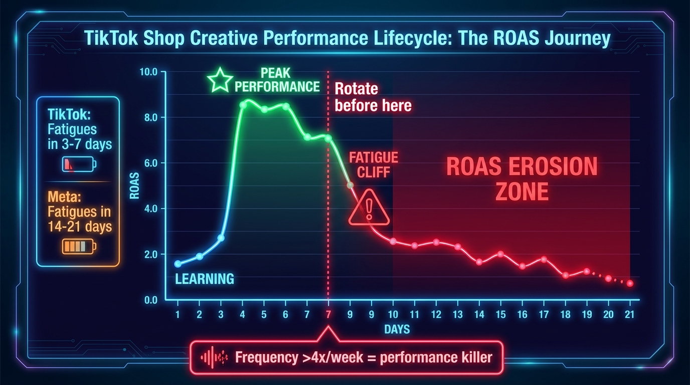 Line graph showing TikTok Shop creative performance lifecycle — ROAS peaks at days 3-5, hits fatigue cliff after day 7, and enters ROAS erosion zone by day 10. Comparison: TikTok fatigues in 3-7 days vs Meta's 14-21 days