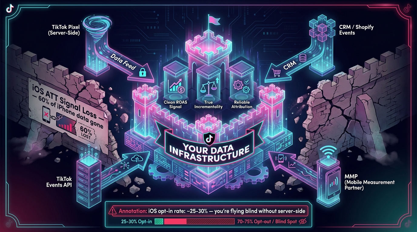 Infographic showing a First-Party Data Fortress for TikTok Shop advertisers — four pillars of TikTok Pixel server-side, CRM Shopify Events, TikTok Events API, and MMP protecting against iOS ATT signal loss