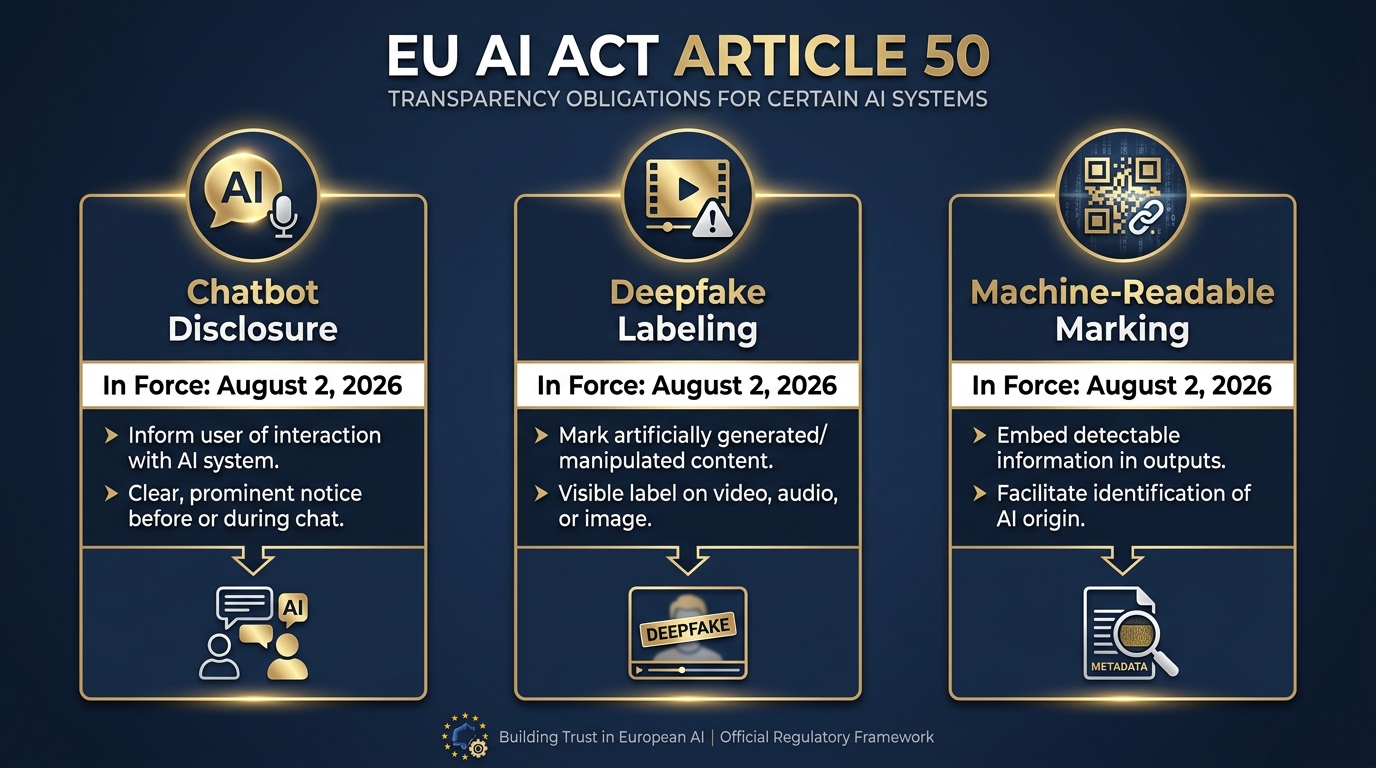 Article 50 EU AI Act infographic showing three transparency obligations: chatbot disclosure, deepfake labeling, and machine-readable marking, all in force August 2 2026