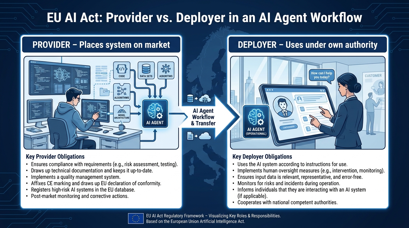 EU AI Act provider vs deployer distinction diagram showing roles and obligations for AI agent builders and business users