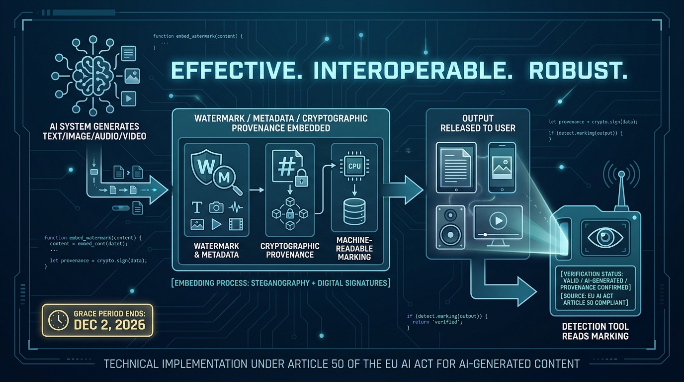 Technical diagram showing AI content watermarking and machine-readable marking workflow under Article 50 EU AI Act, with grace period ending December 2 2026