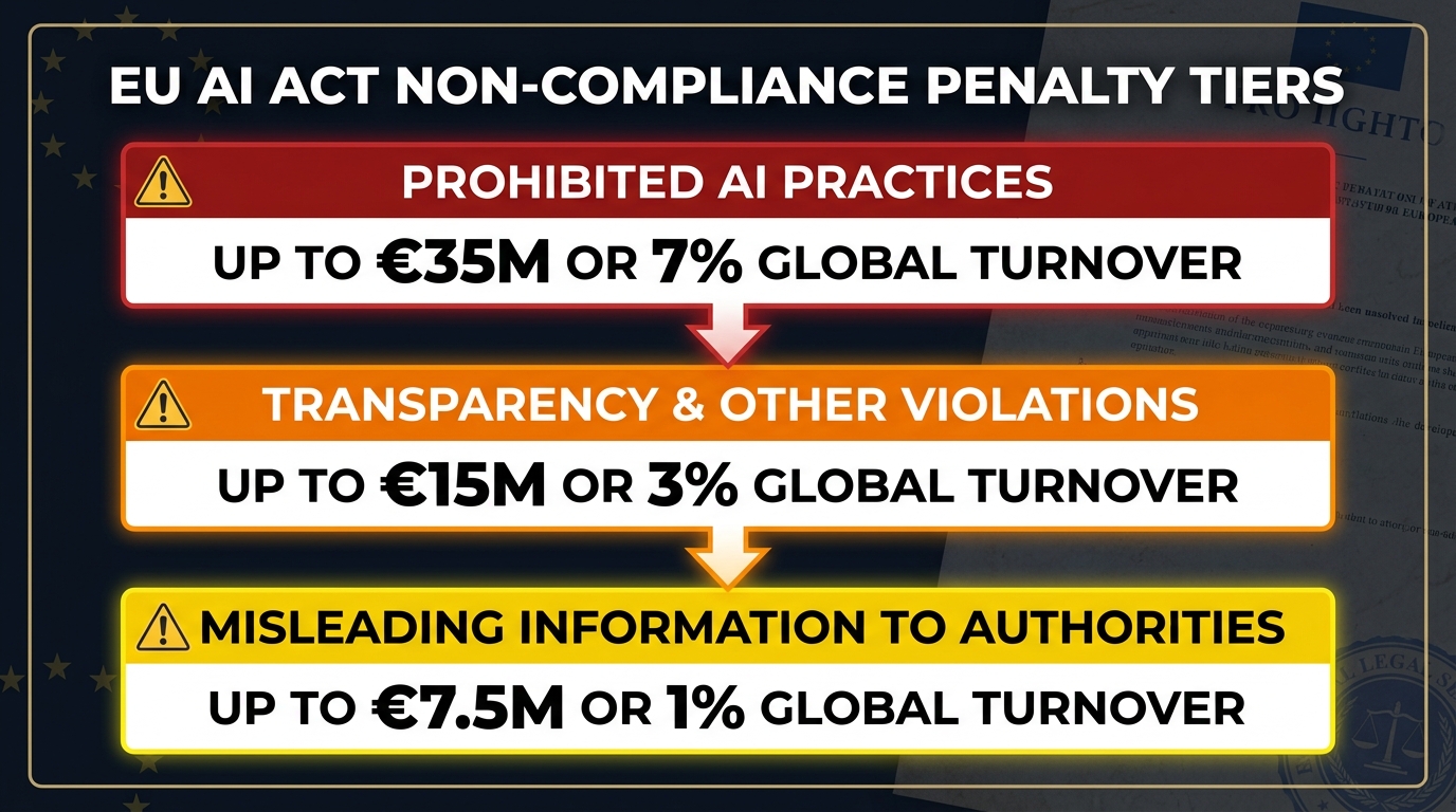 EU AI Act penalty tiers infographic: up to €35M or 7% global turnover for prohibited practices, up to €15M or 3% for transparency violations, up to €7.5M or 1% for misleading authorities