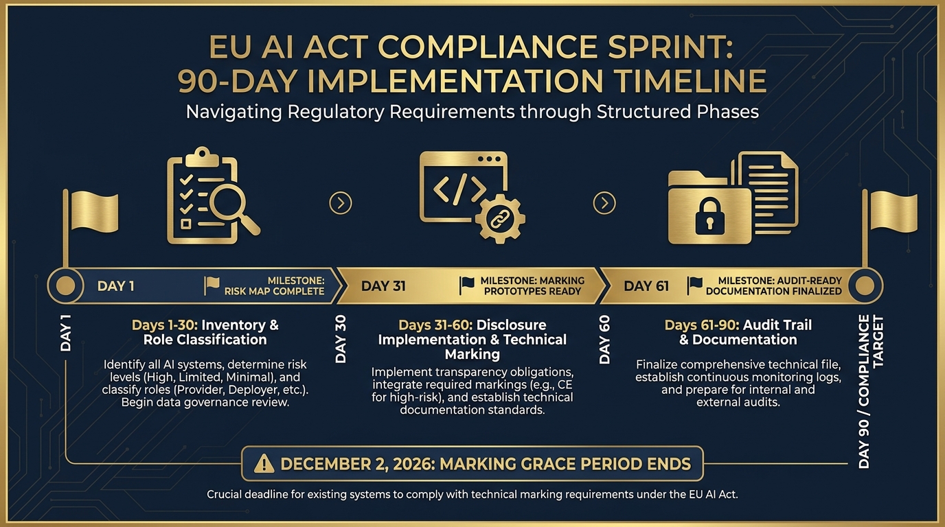 90-day EU AI Act compliance sprint timeline showing three phases: inventory and role classification, disclosure implementation and technical marking, audit trail and documentation, with December 2 2026 marking grace period deadline