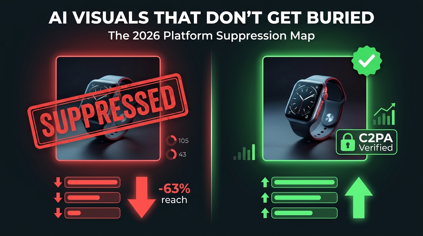 Split-screen showing suppressed AI image on left with red stamp and lost reach versus verified AI image on right with green checkmark and full distribution — AI Visuals That Don't Get Buried, the 2026 Platform Suppression Map