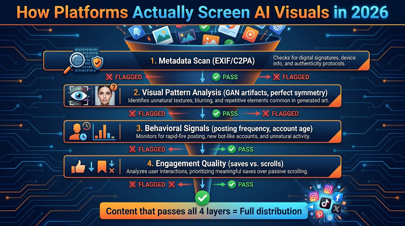 Infographic flowchart showing the four detection layers platforms use to screen AI-generated images in 2026: metadata scan, visual pattern analysis, behavioral signals, and engagement quality