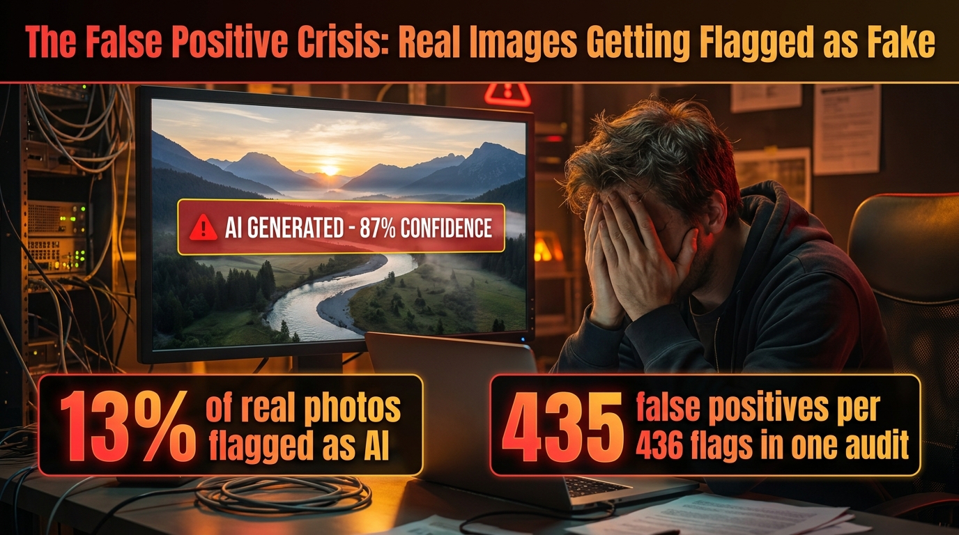 Real photograph incorrectly flagged as AI-generated by a detection system showing 87% confidence, illustrating the false positive crisis — 13% of real photos flagged as AI and 435 false positives per 436 flags in one audit
