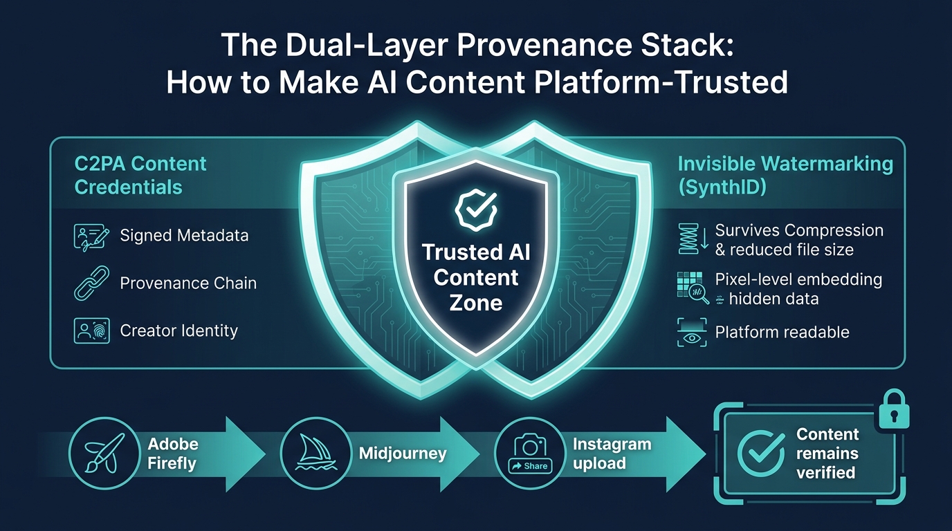 Diagram of the dual-layer C2PA Content Credentials and SynthID invisible watermarking system showing how they create a trusted AI content zone across the workflow from Adobe Firefly to Instagram upload