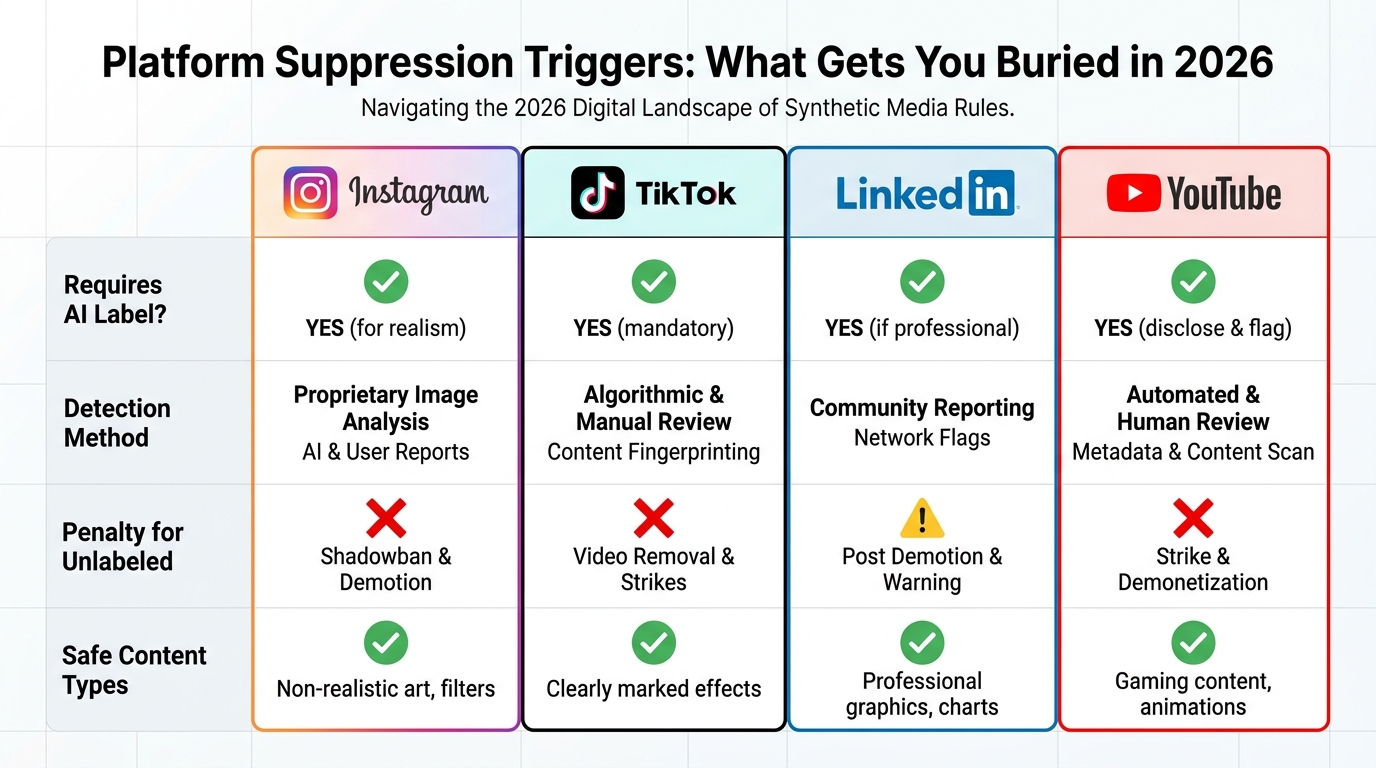 Comparison grid showing AI visual content suppression rules across Instagram, TikTok, LinkedIn, and YouTube — covering label requirements, detection methods, penalties for unlabeled content, and safe content types