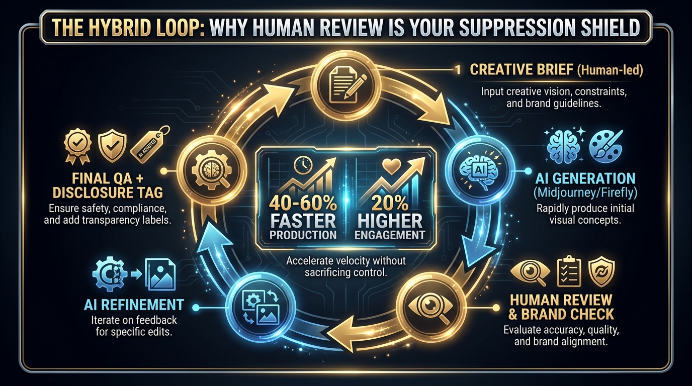 Circular workflow diagram of the Human-in-the-Loop AI visual content pipeline showing the five stages: Creative Brief, AI Generation, Human Review, AI Refinement, and Final QA — with 40-60% faster production and 20% higher engagement results