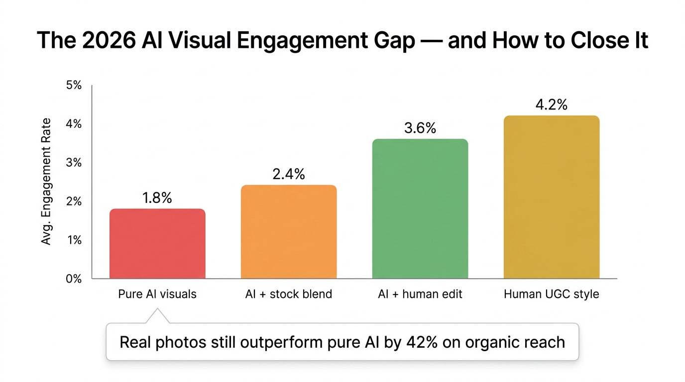 Bar chart comparing 2026 engagement rates across four visual content types: pure AI visuals at 1.8%, AI plus stock blend at 2.4%, AI plus human edit at 3.6%, and human UGC style at 4.2% — with callout noting real photos outperform pure AI by 42% on organic reach