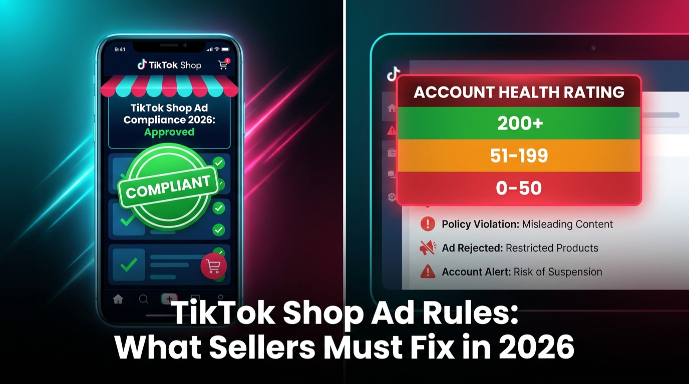 TikTok Shop Ad Rules 2026 compliance split-screen showing compliant storefront vs. Account Health Rating warning dashboard