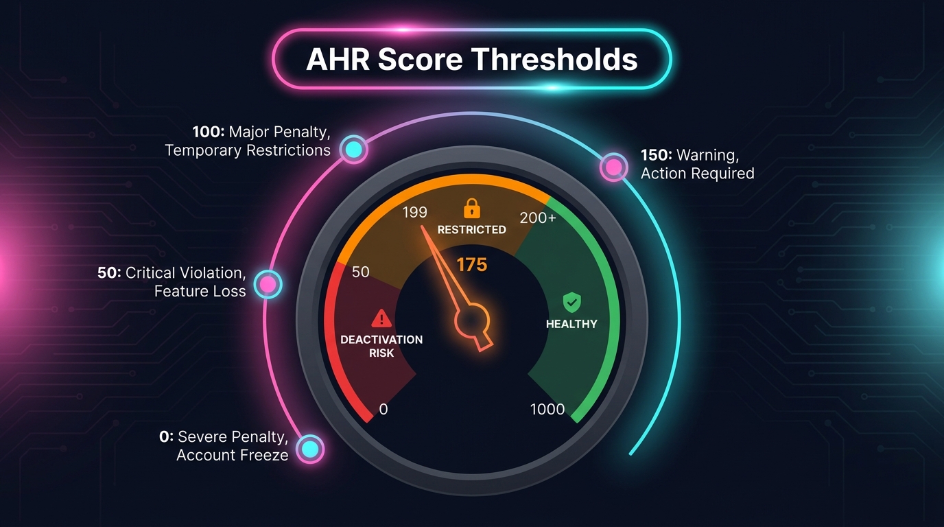 TikTok Shop Account Health Rating AHR gauge dashboard showing scoring thresholds from 0 to 1000 with green, orange, and red penalty zones