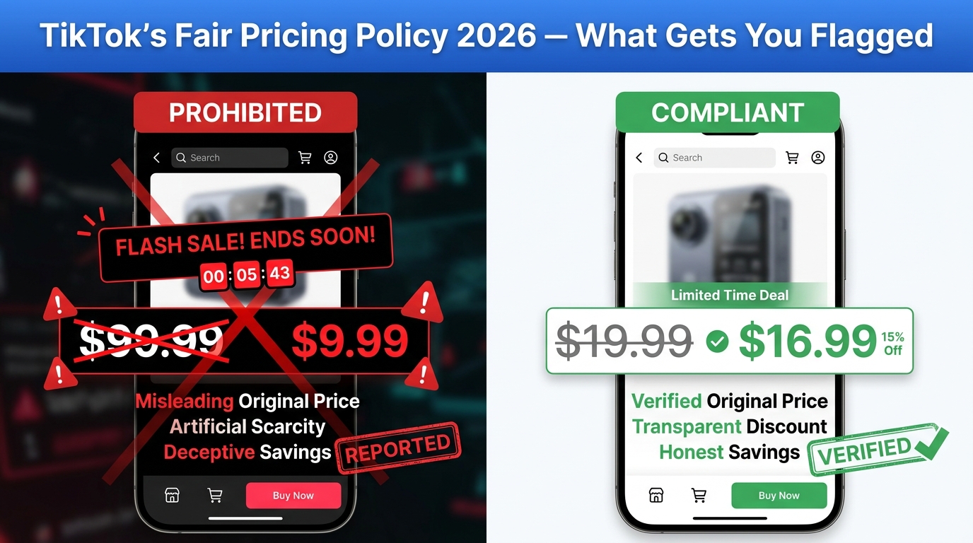 TikTok Shop pricing policy comparison infographic showing prohibited fake discount listing vs. compliant genuine discount pricing