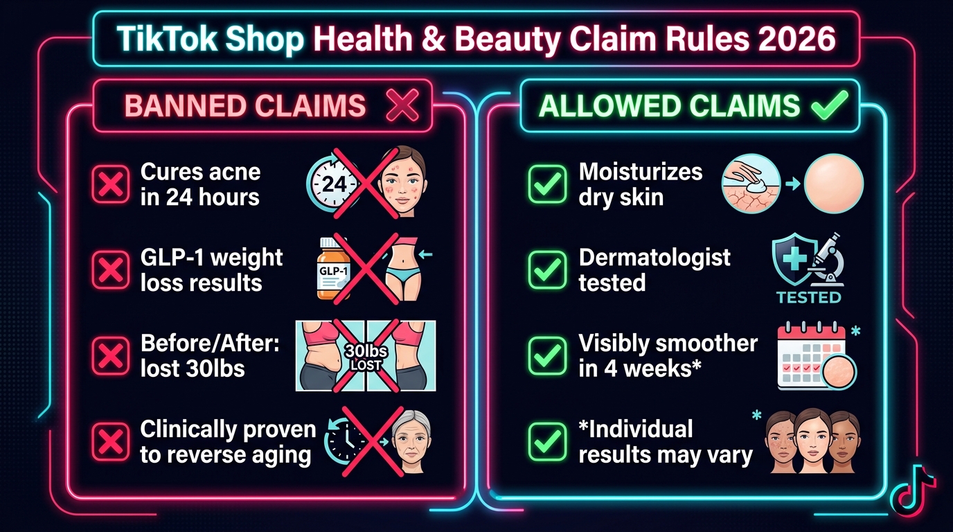 TikTok Shop health and beauty ad claims infographic showing banned claims vs. allowed claims side by side for 2026 compliance