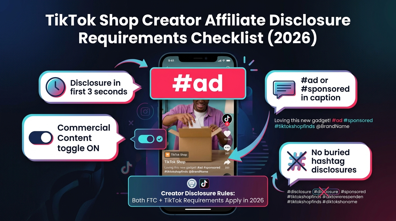 TikTok Shop creator affiliate disclosure compliance infographic showing proper placement of hashtag ad, commercial content toggle, and FTC-compliant disclosure requirements in 2026