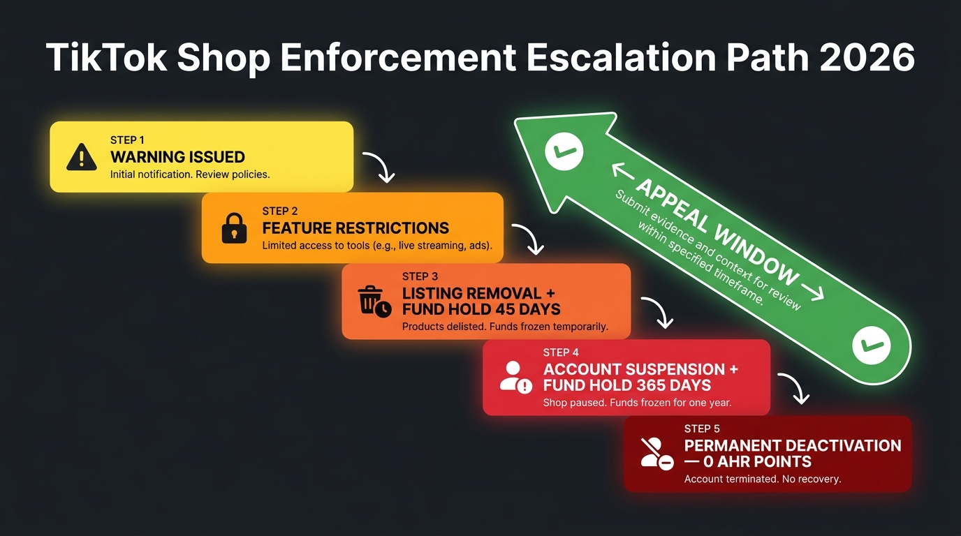 TikTok Shop violation escalation path infographic showing five steps from initial warning through permanent deactivation with appeal window indicator