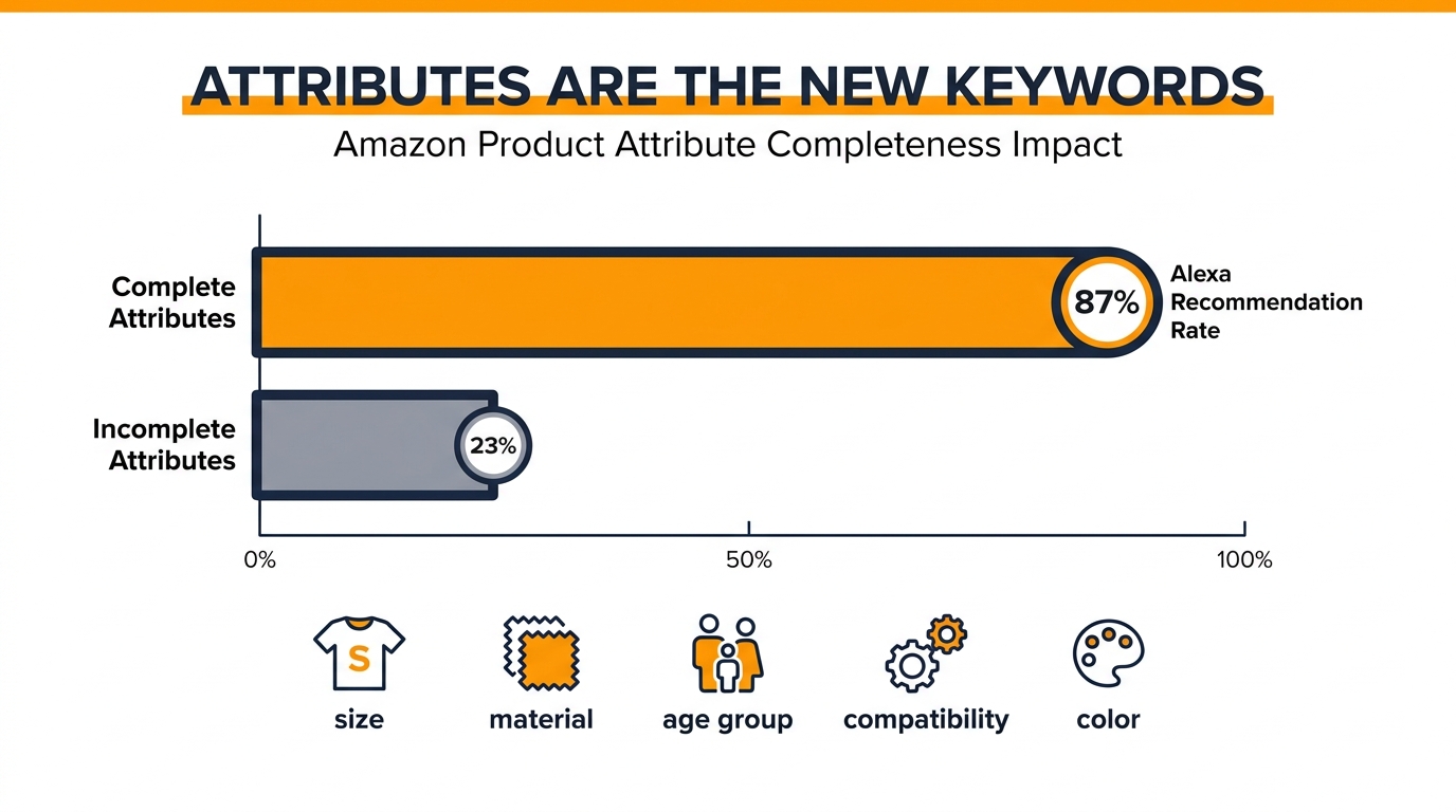 Bar chart showing Amazon listing attribute completeness impact on Alexa recommendation rates — complete vs incomplete attributes