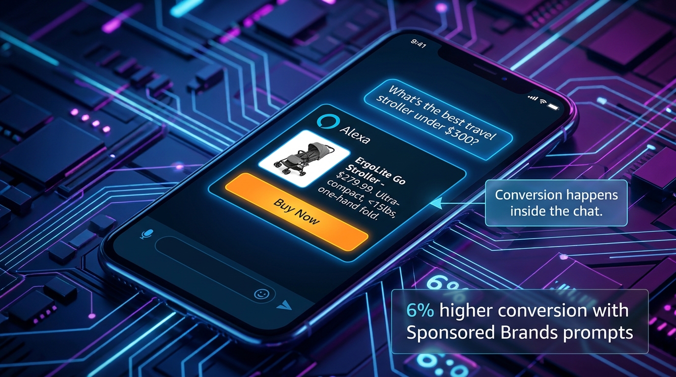 Amazon Alexa+ Agentic Ads interface showing conversational product recommendation with Buy Now button inside chat — 6% higher conversion rate