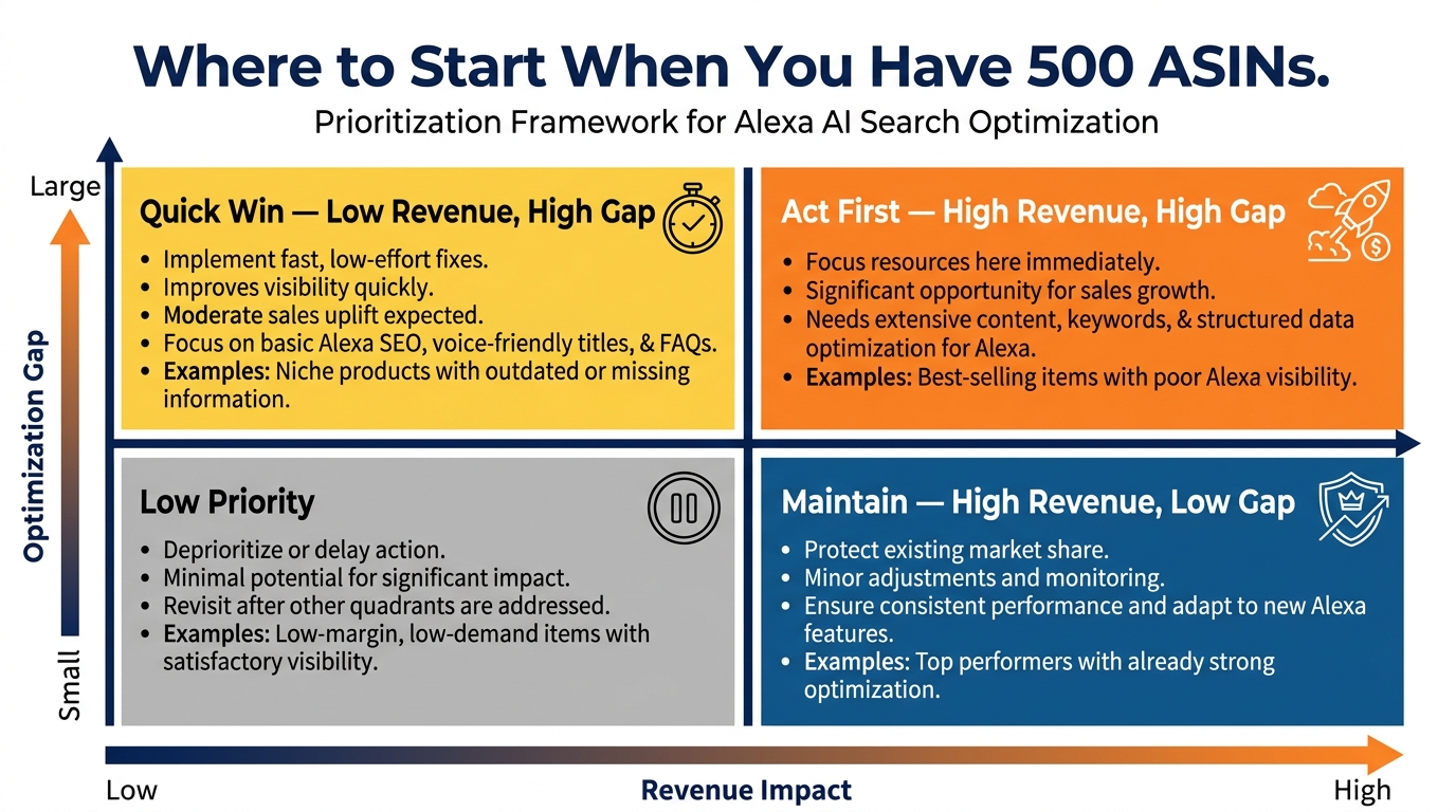 2x2 prioritization matrix for Amazon sellers optimizing listings for Alexa AI search — revenue impact vs optimization gap quadrants