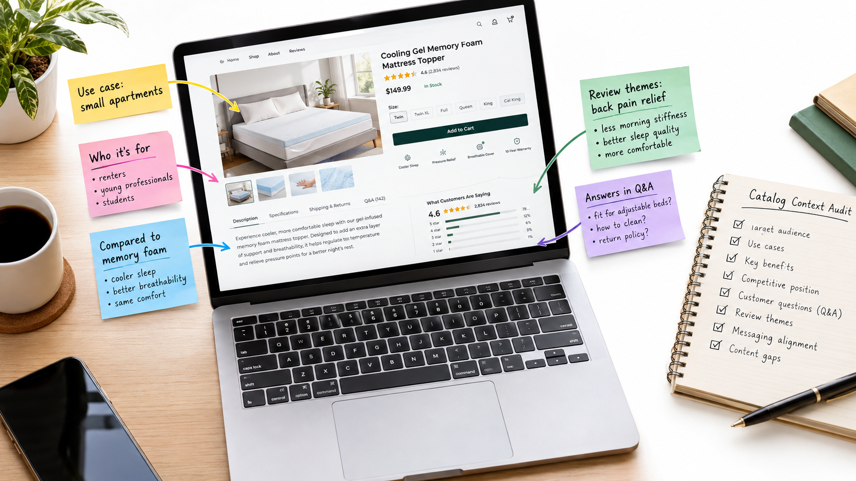 Seller's desk with a laptop showing a product page annotated with notes on use cases, comparisons, Q&A answers, and review themes for a catalog context audit