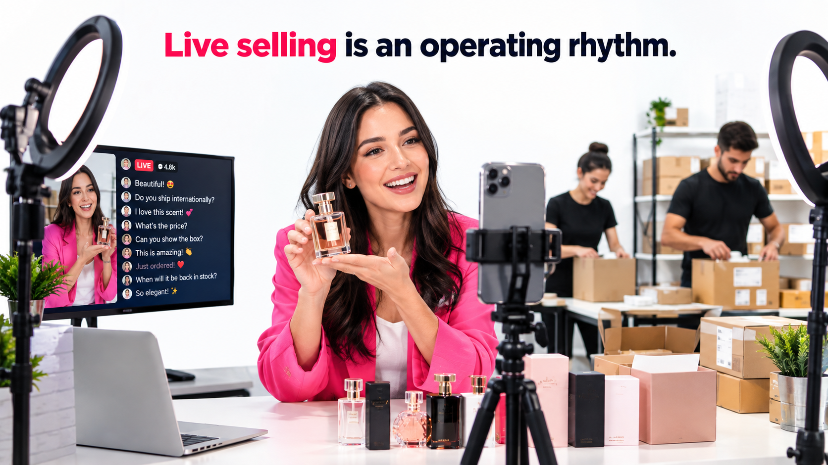 Brand livestream studio with a host showing a perfume bottle to a phone camera while staff pack orders in the background
